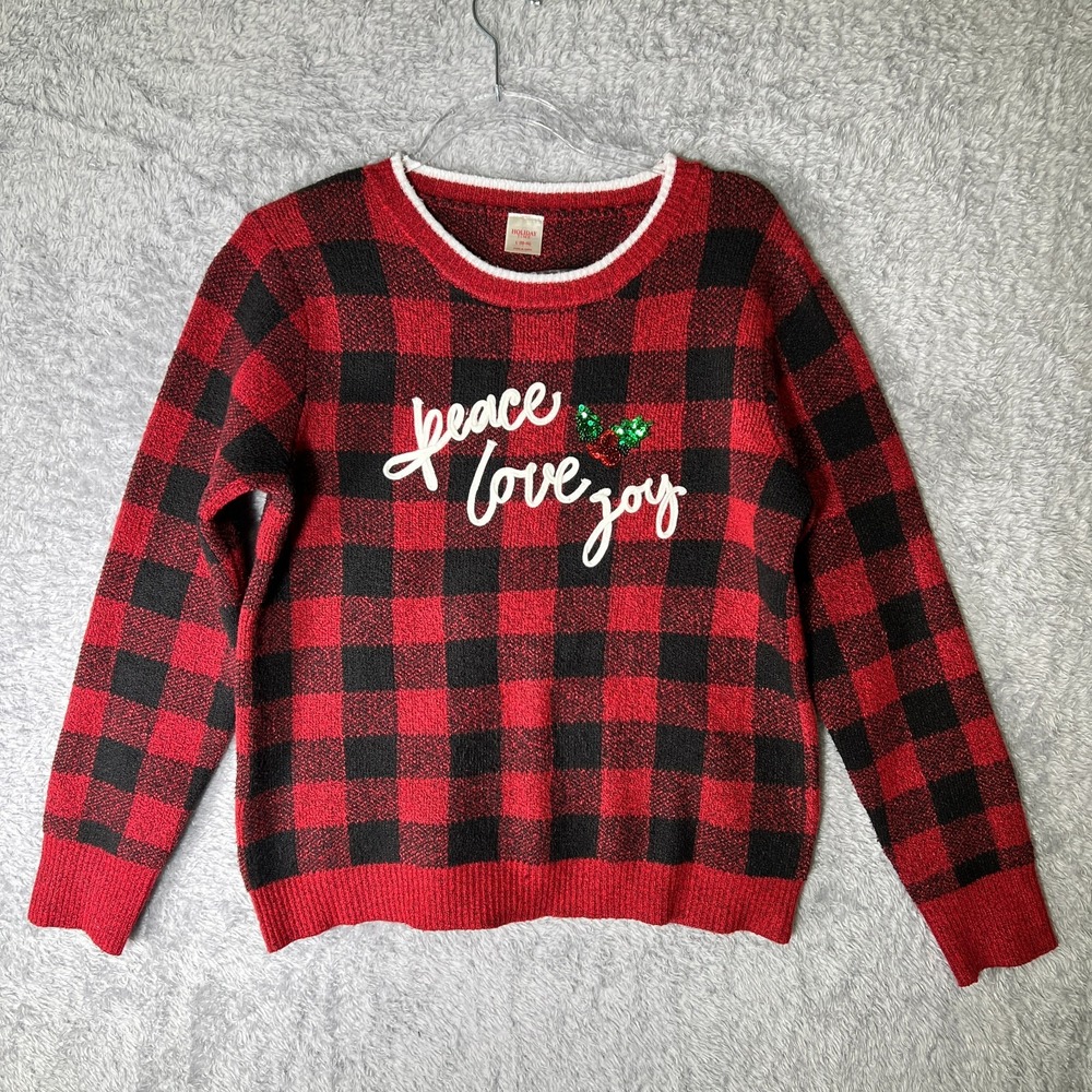 Peace Love Joy‎ L Red Black Buffalo Plaid Christmas Sweater Sequin Holiday
